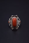 RED CORAL STONE STERLING SILVER OVAL FINGER RING FOR WOMEN