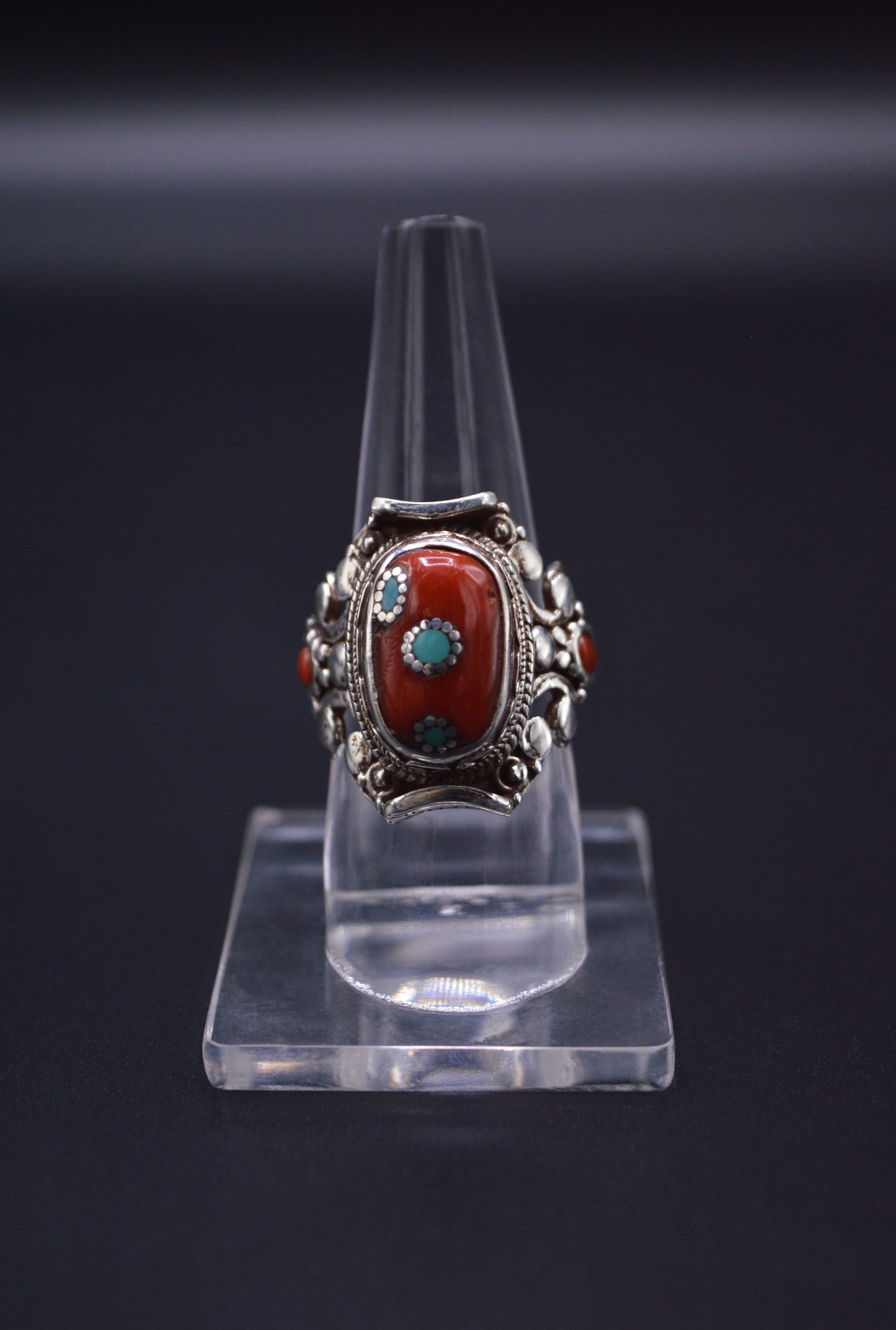 RED CORAL STONE STERLING SILVER OVAL FINGER RING FOR WOMEN