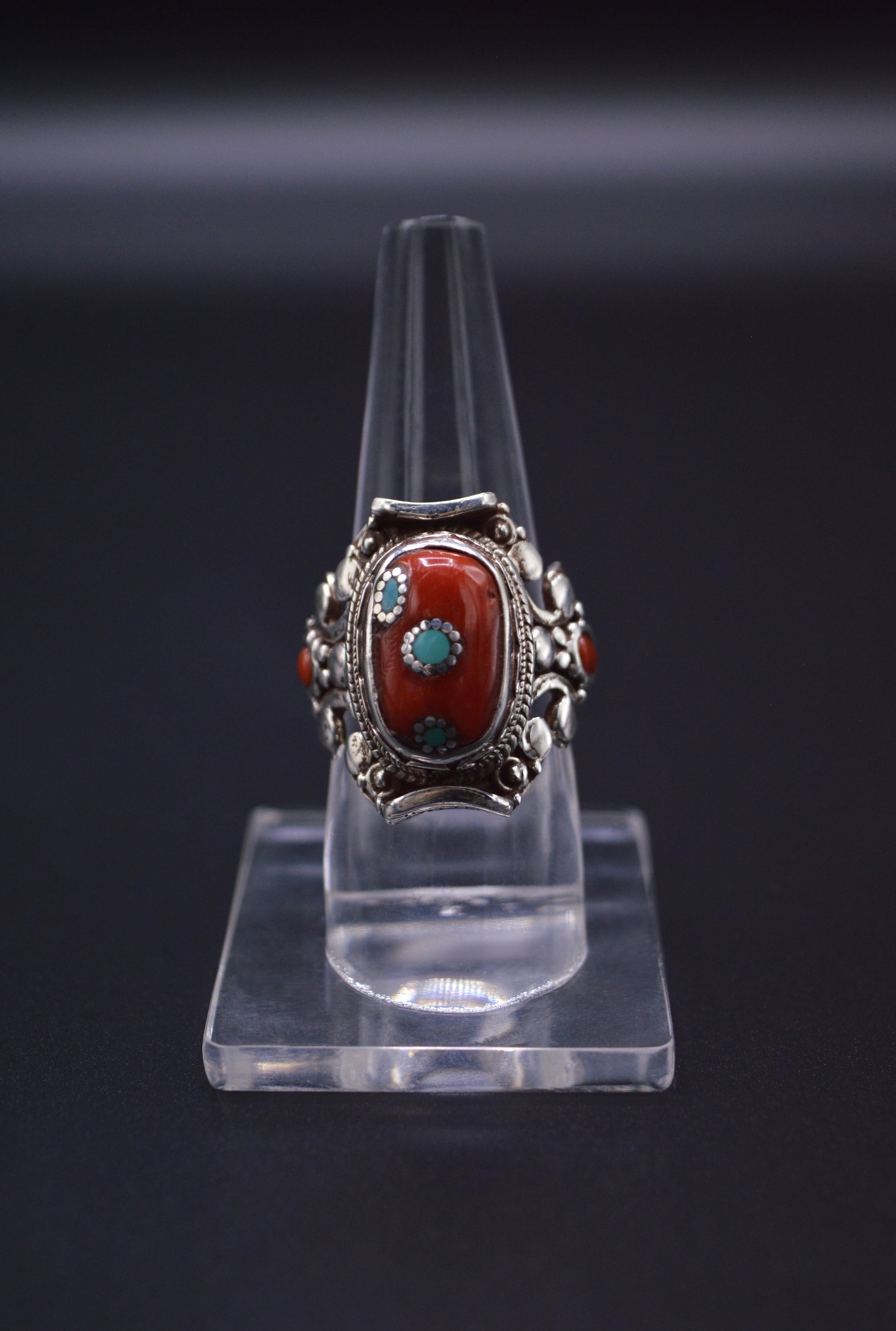 RED CORAL STONE STERLING SILVER OVAL FINGER RING FOR WOMEN