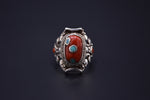 RED CORAL AND TURQUOISE STONE STERLING SILVER OVAL FINGER RING FOR WOMEN