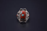 RED CORAL AND TURQUOISE STONE STERLING SILVER OVAL FINGER RING FOR WOMEN