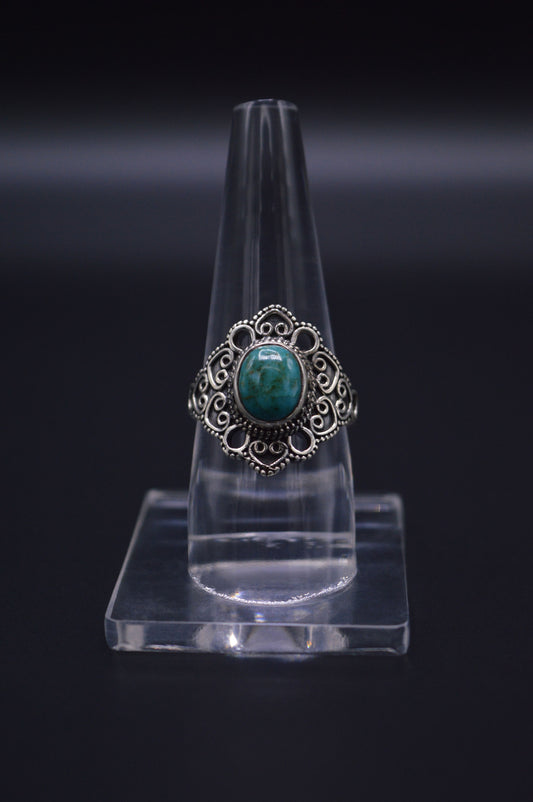 TURQUOISE EMBEDDED STERLING SILVER ROUND FINGER RING FOR WOMEN