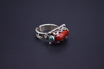CYLINDRICAL RED CORAL & TURQUOISE STONE STERLING SILVER FINGER RING FOR WOMEN