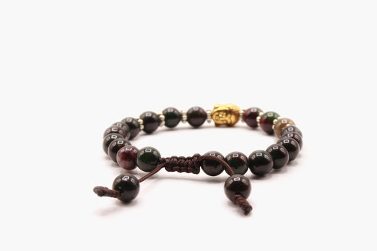 Dark green and reddish-brown Jade bracelet showing the adjustable dark brown Cobra Knot closure.