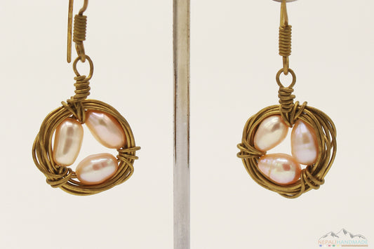 NEST FULL OF EGGS WIRE ART PEARLS DANGLE EARRING