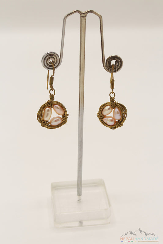 NEST FULL OF EGGS WIRE ART PEARLS DANGLE EARRING
