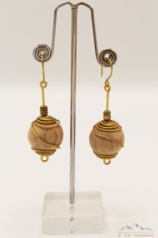 BRASS WIRE WRAPPED WOODEN BALLS DROP EARRING
