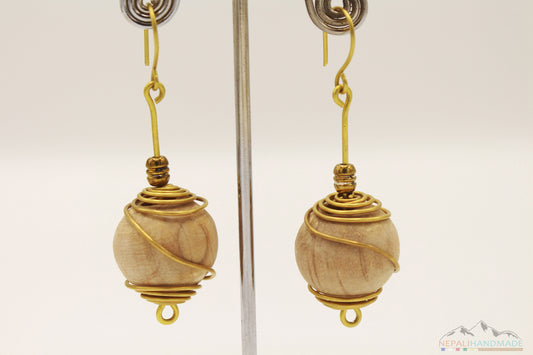 BRASS WIRE WRAPPED WOODEN BALLS DROP EARRING
