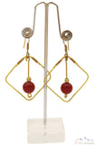 BRASS SQUARE BOUNDED BLOOD RED CRYSTAL DANGLE EARRING