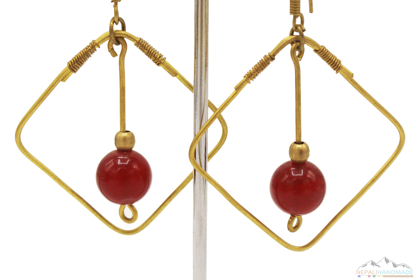 BRASS SQUARE BOUNDED BLOOD RED CRYSTAL DANGLE EARRING