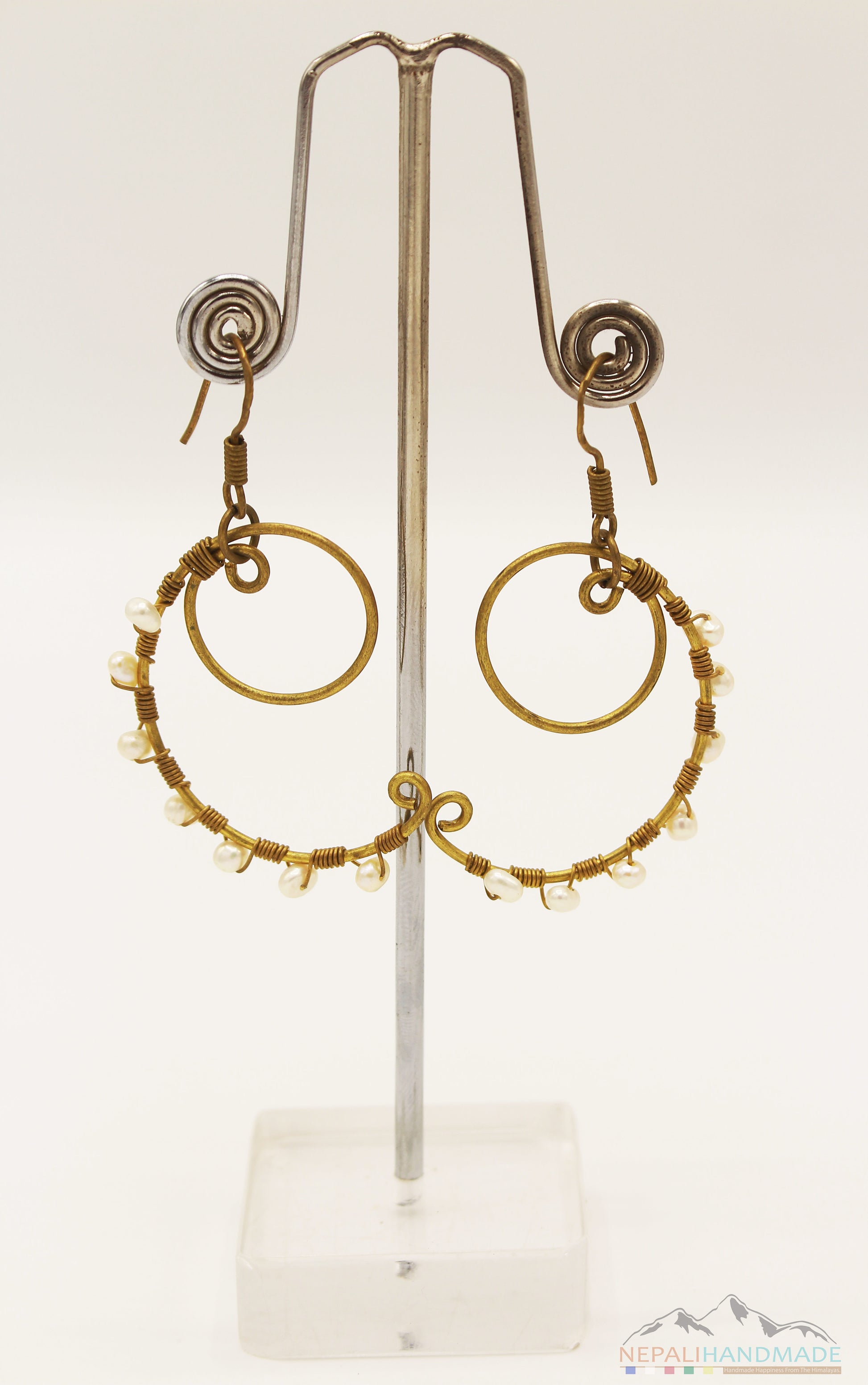 PEARL EMBEDDED CIRCLE INSIDE SEMI CIRCLE DANGLE EARRING