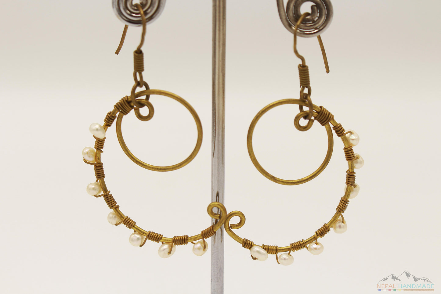 PEARL EMBEDDED CIRCLE INSIDE SEMI CIRCLE DANGLE EARRING