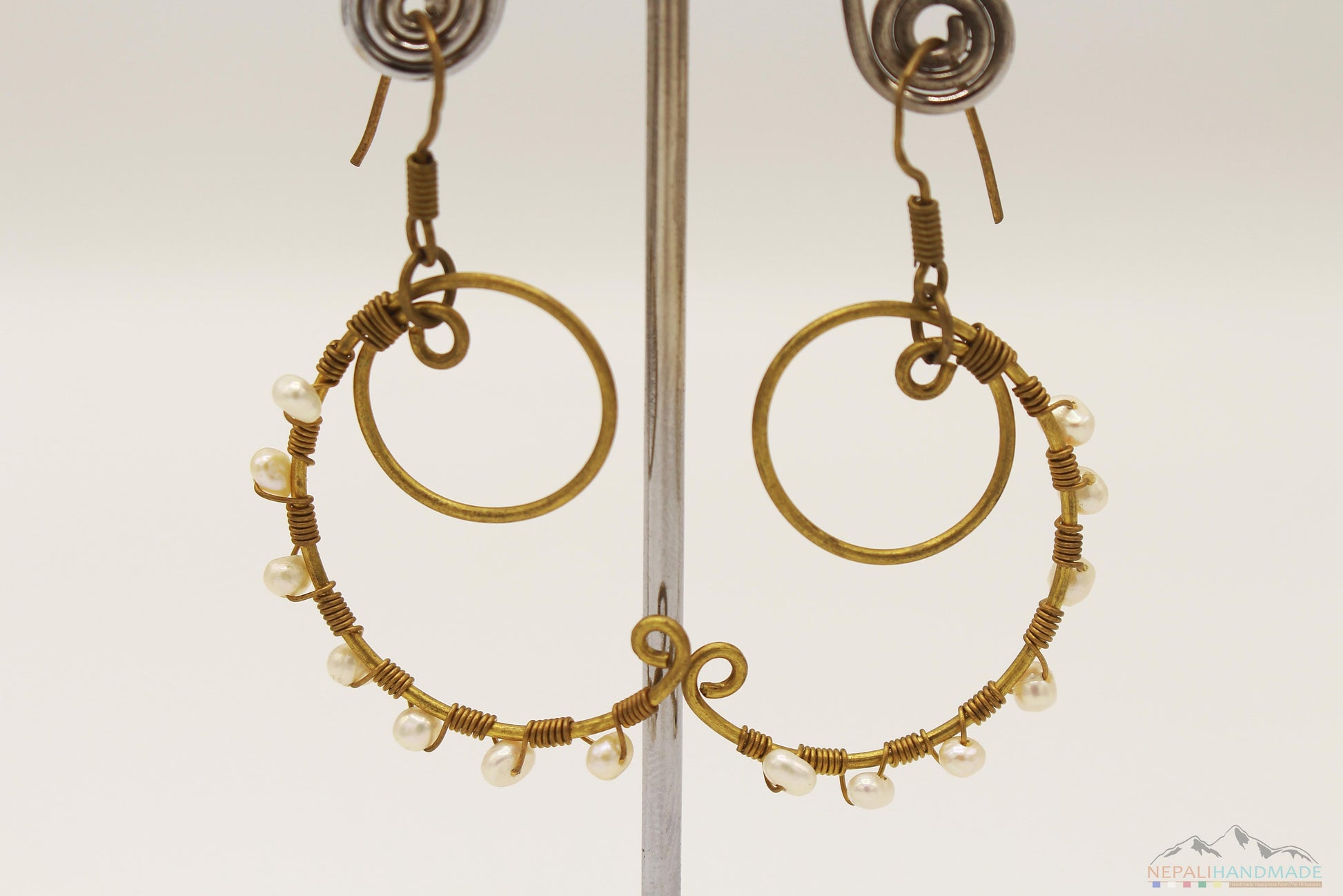 PEARL EMBEDDED CIRCLE INSIDE SEMI CIRCLE DANGLE EARRING