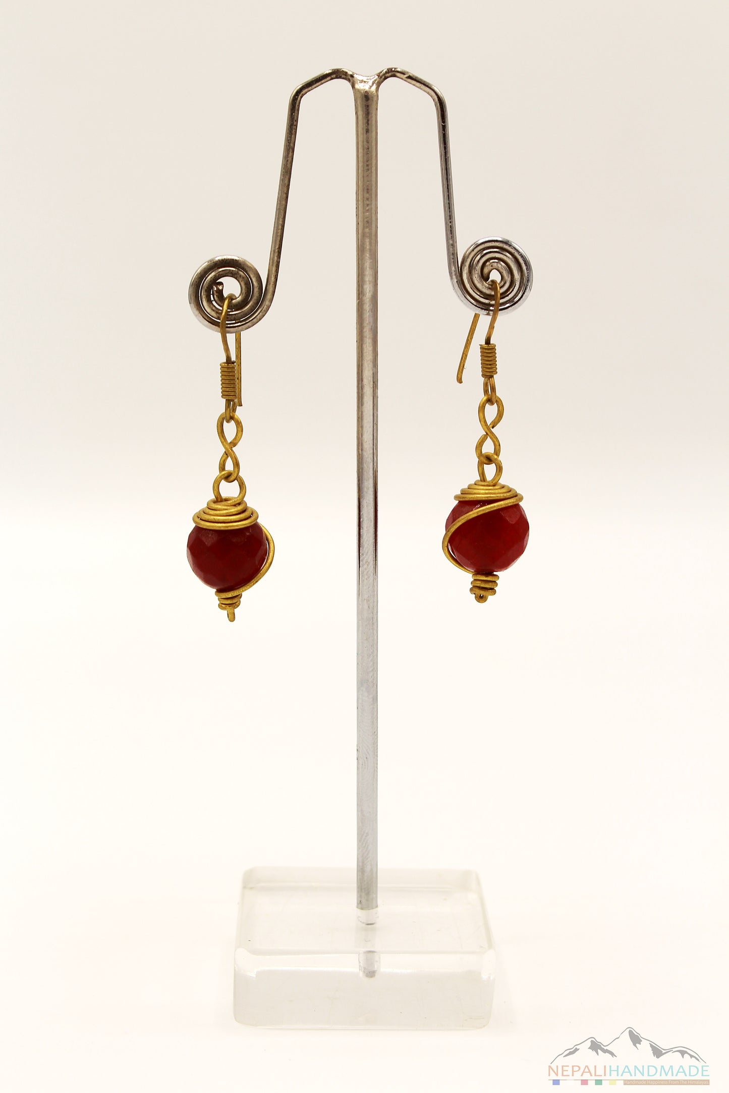 BLOOD RED STONE WIRE ART DROP EARRING