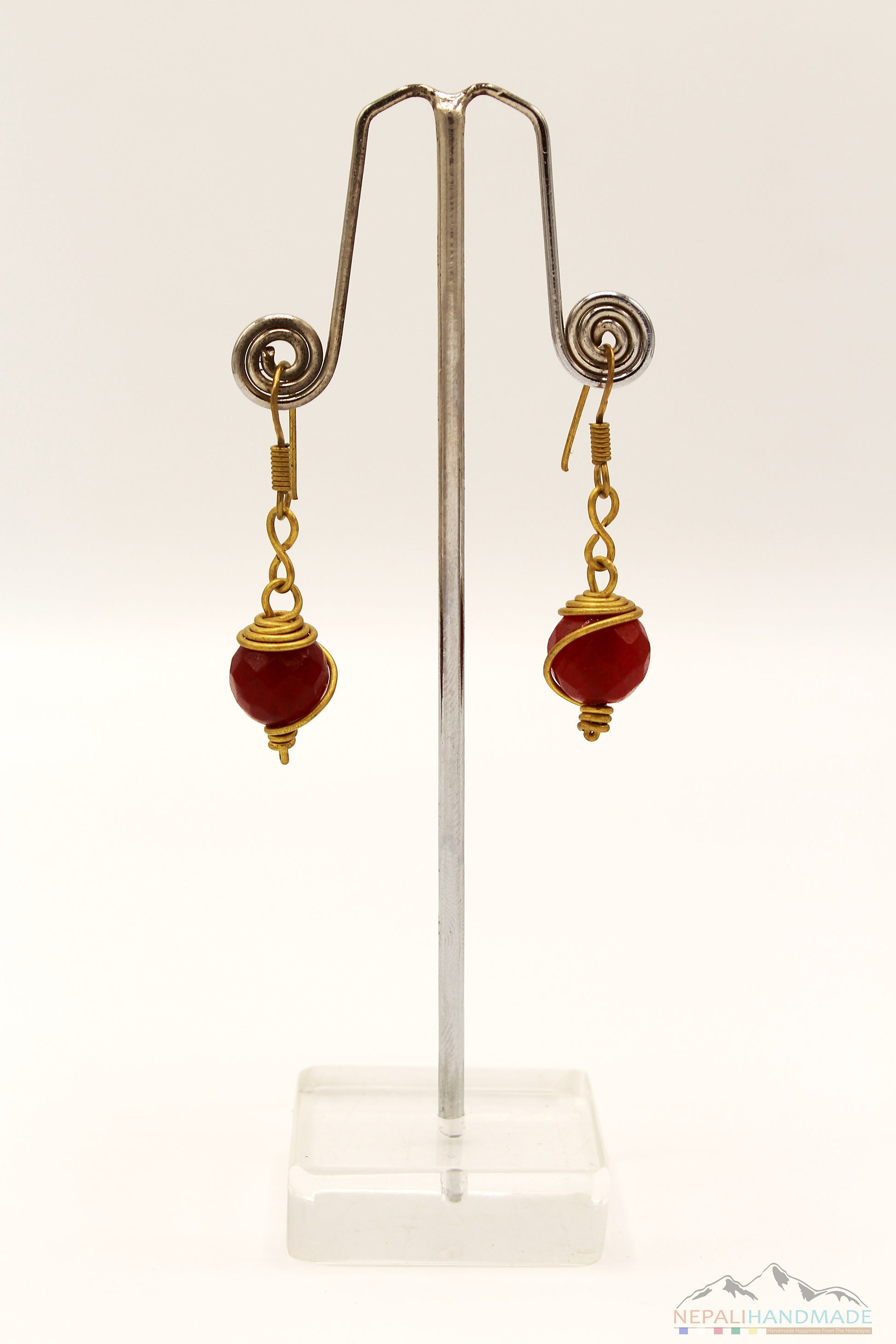 BLOOD RED STONE WIRE ART DROP EARRING