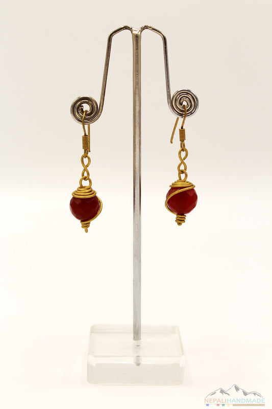 BLOOD RED STONE WIRE ART DROP EARRING