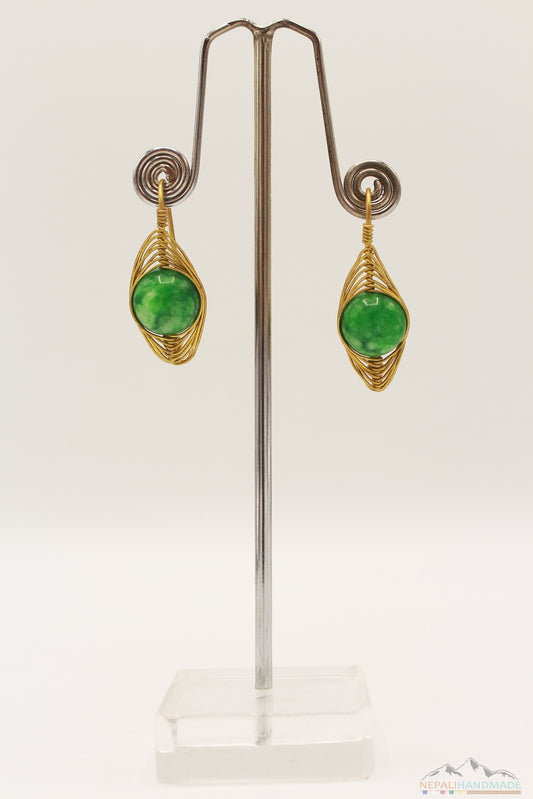 GREEN EARTH STONE OVAL WIRE ART DROP EARRING