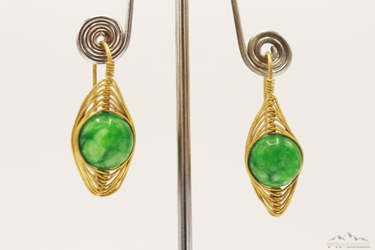GREEN EARTH STONE OVAL WIRE ART DROP EARRING