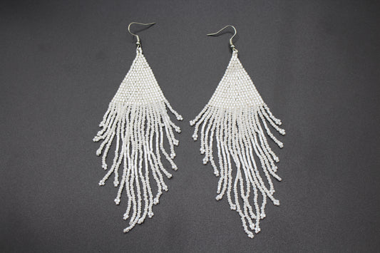 White Glass Beads Triangular Chandelier Earring