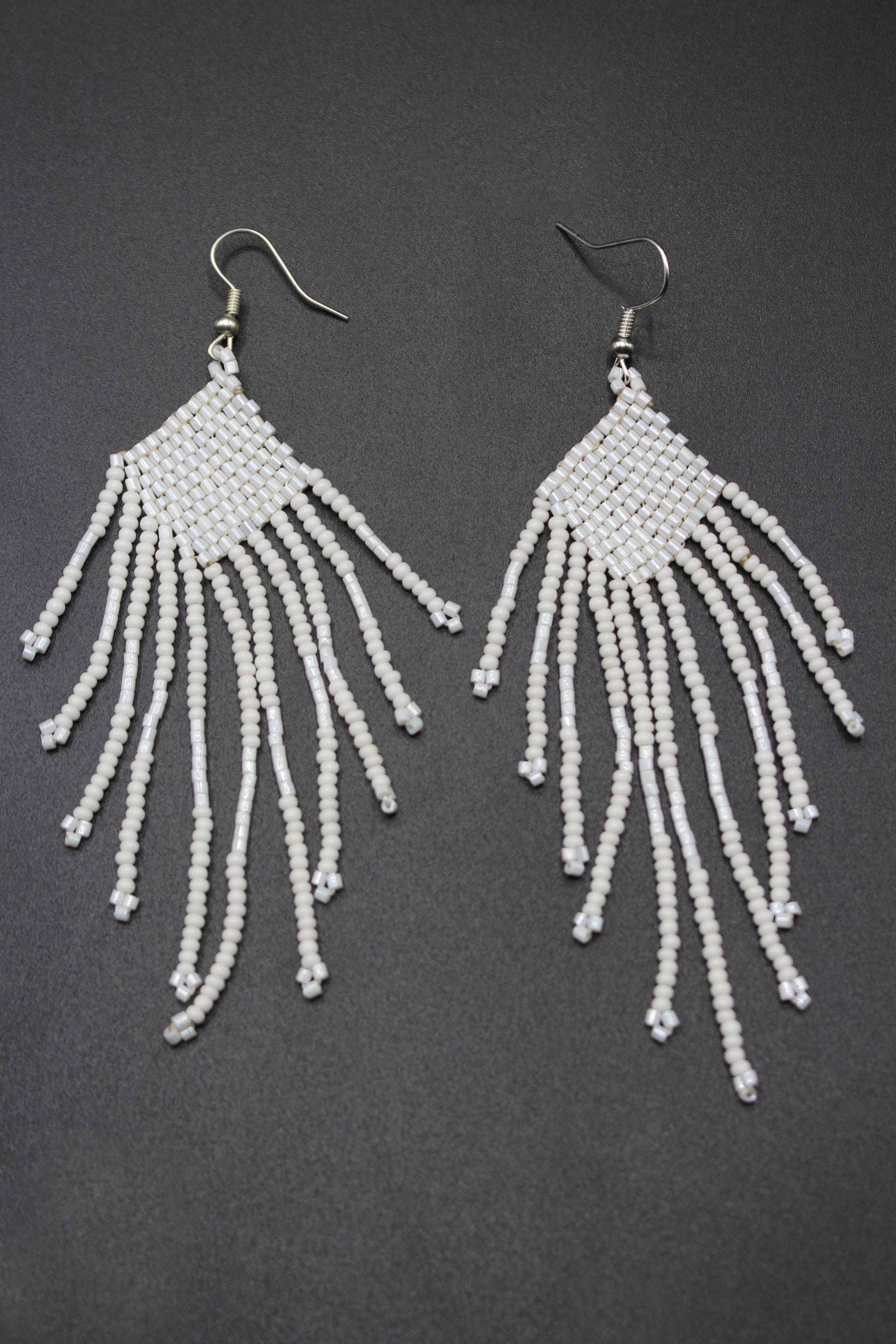 White Glass Beads Square Chandelier Earring