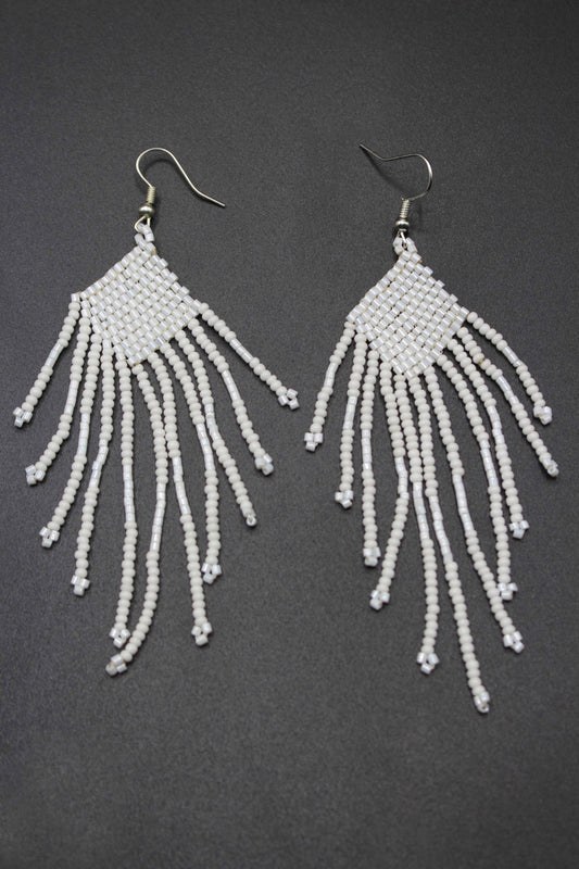 White Glass Beads Square Chandelier Earring