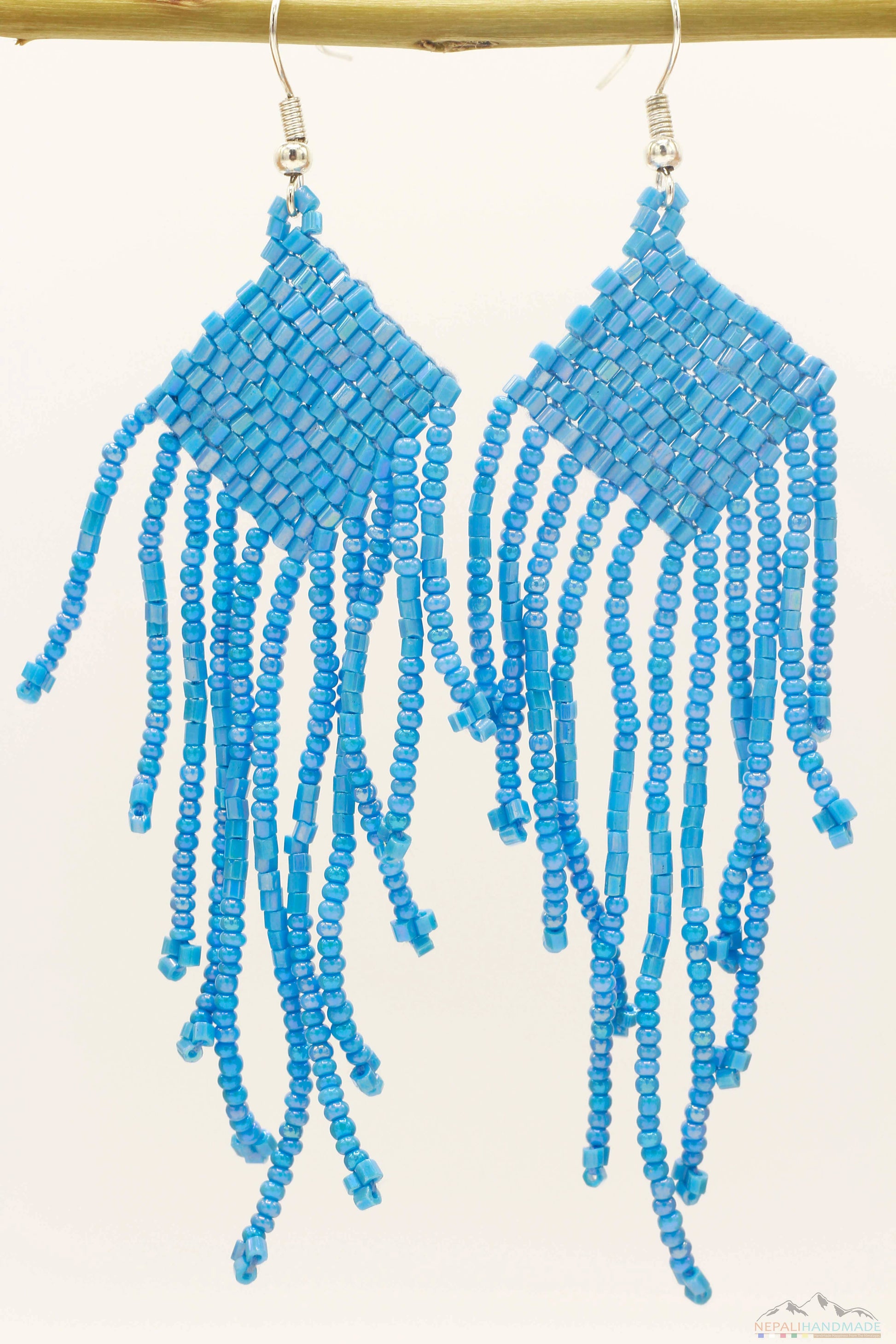 Sky-Blue Glass Beads Square Chandelier Earring