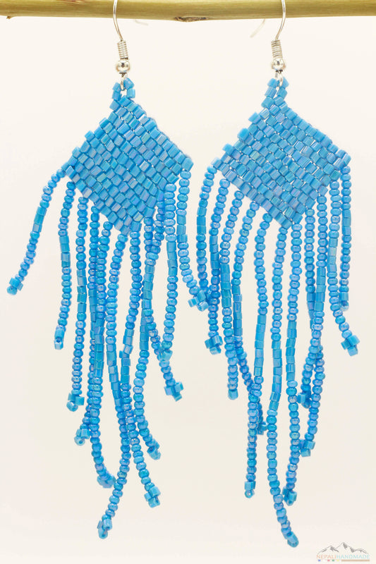 Sky-Blue Glass Beads Square Chandelier Earring