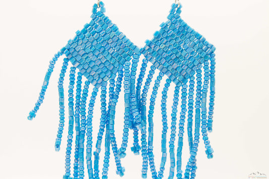 Sky-Blue Glass Beads Square Chandelier Earring