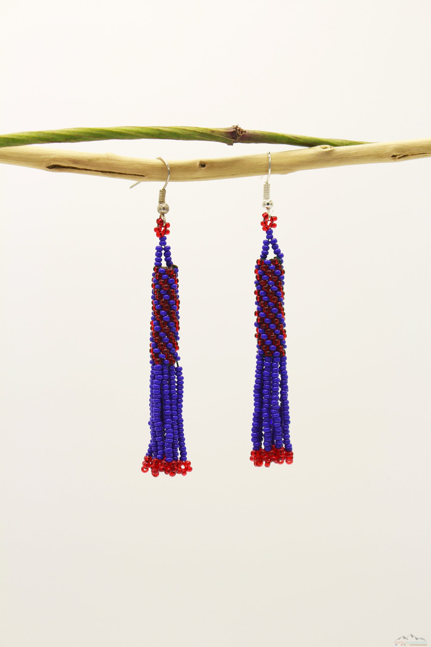 Dark Blue & Red Glass Beads Cylindrical Chandelier Earring