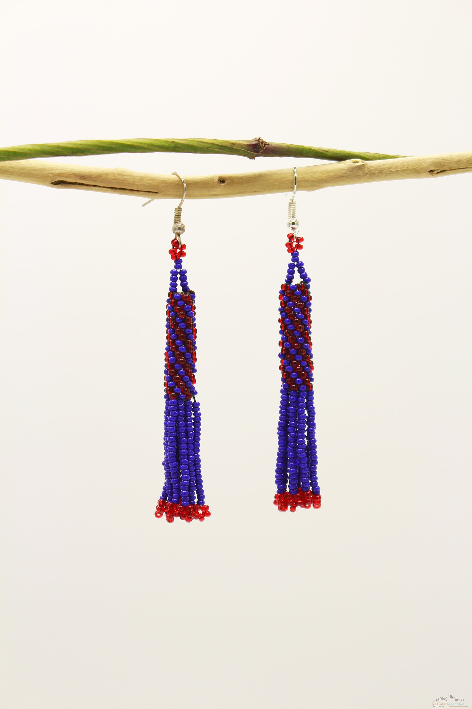 Dark Blue & Red Glass Beads Cylindrical Chandelier Earring