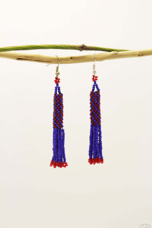 Dark Blue & Red Glass Beads Cylindrical Chandelier Earring