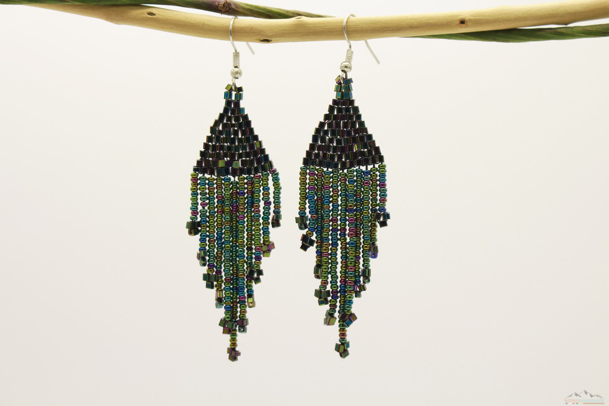 Greenish Polaroid Glass Beads Triangular Chandelier Earring