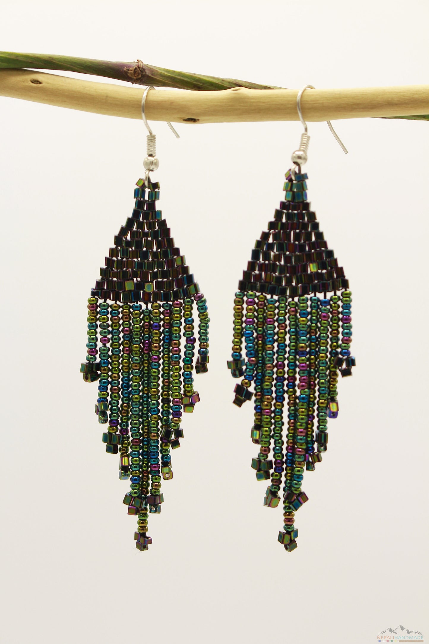 Greenish Polaroid Glass Beads Triangular Chandelier Earring
