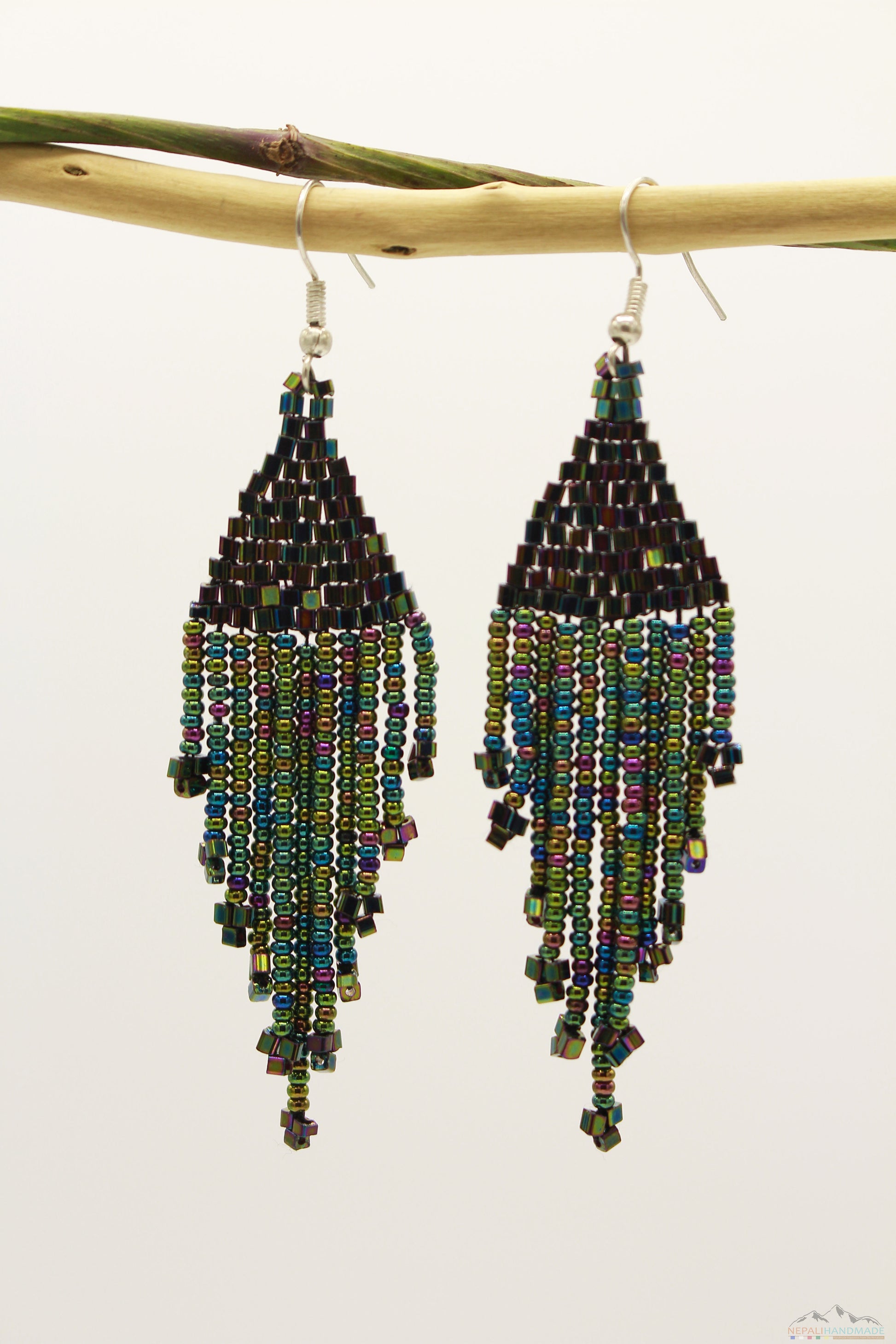 Greenish Polaroid Glass Beads Triangular Chandelier Earring