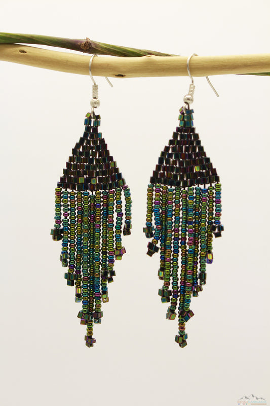 Greenish Polaroid Glass Beads Triangular Chandelier Earring