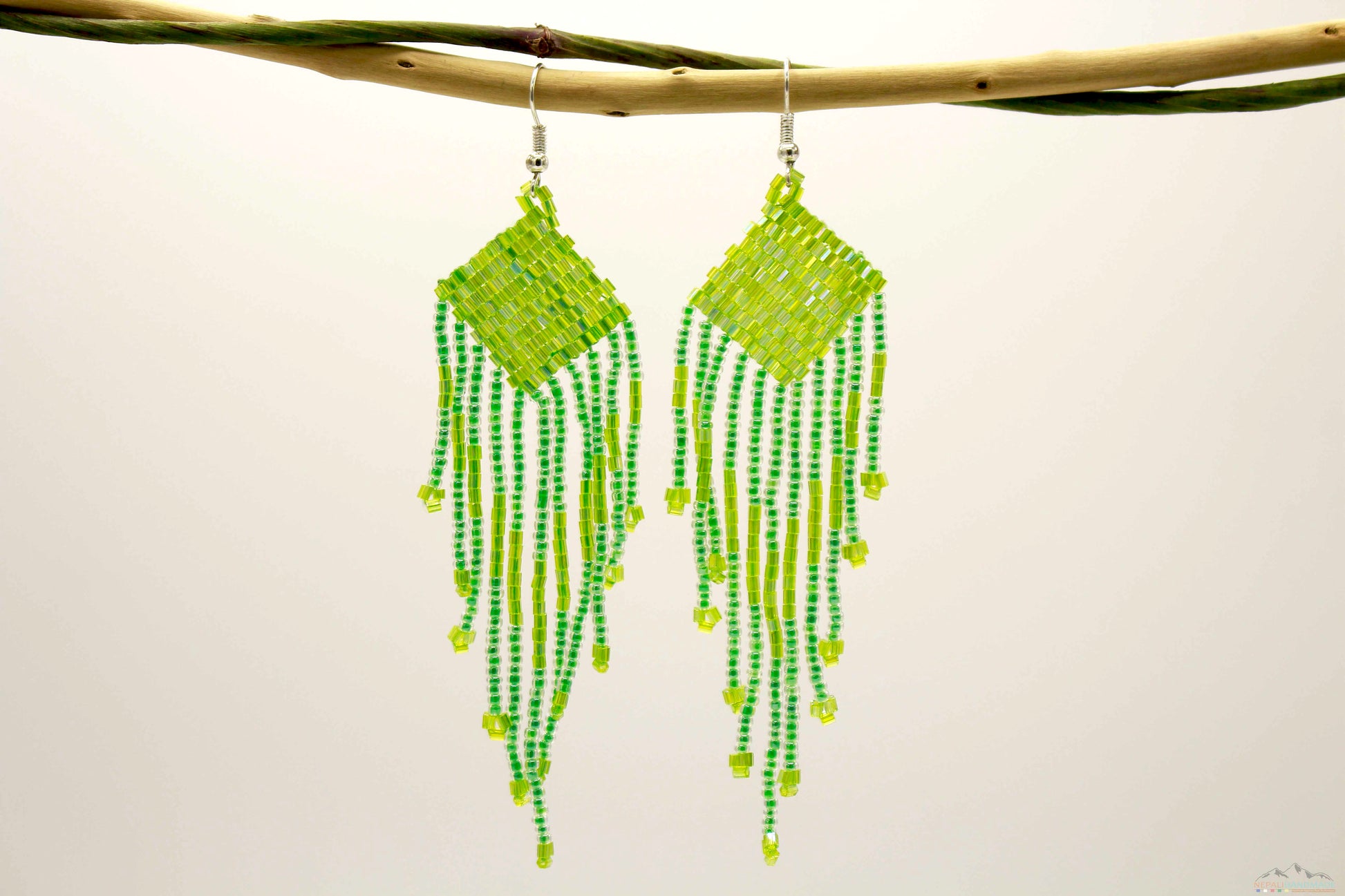 Bright Green Glass Beads Square Chandelier Earring