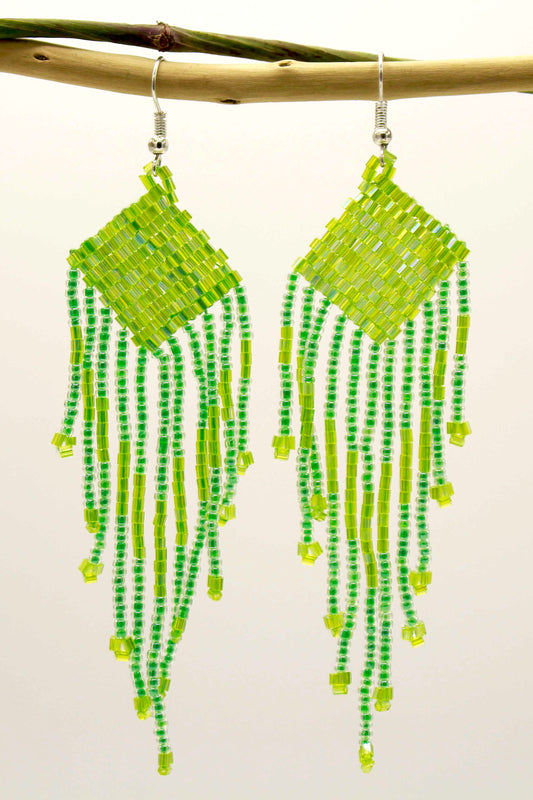 Bright Green Glass Beads Square Chandelier Earring