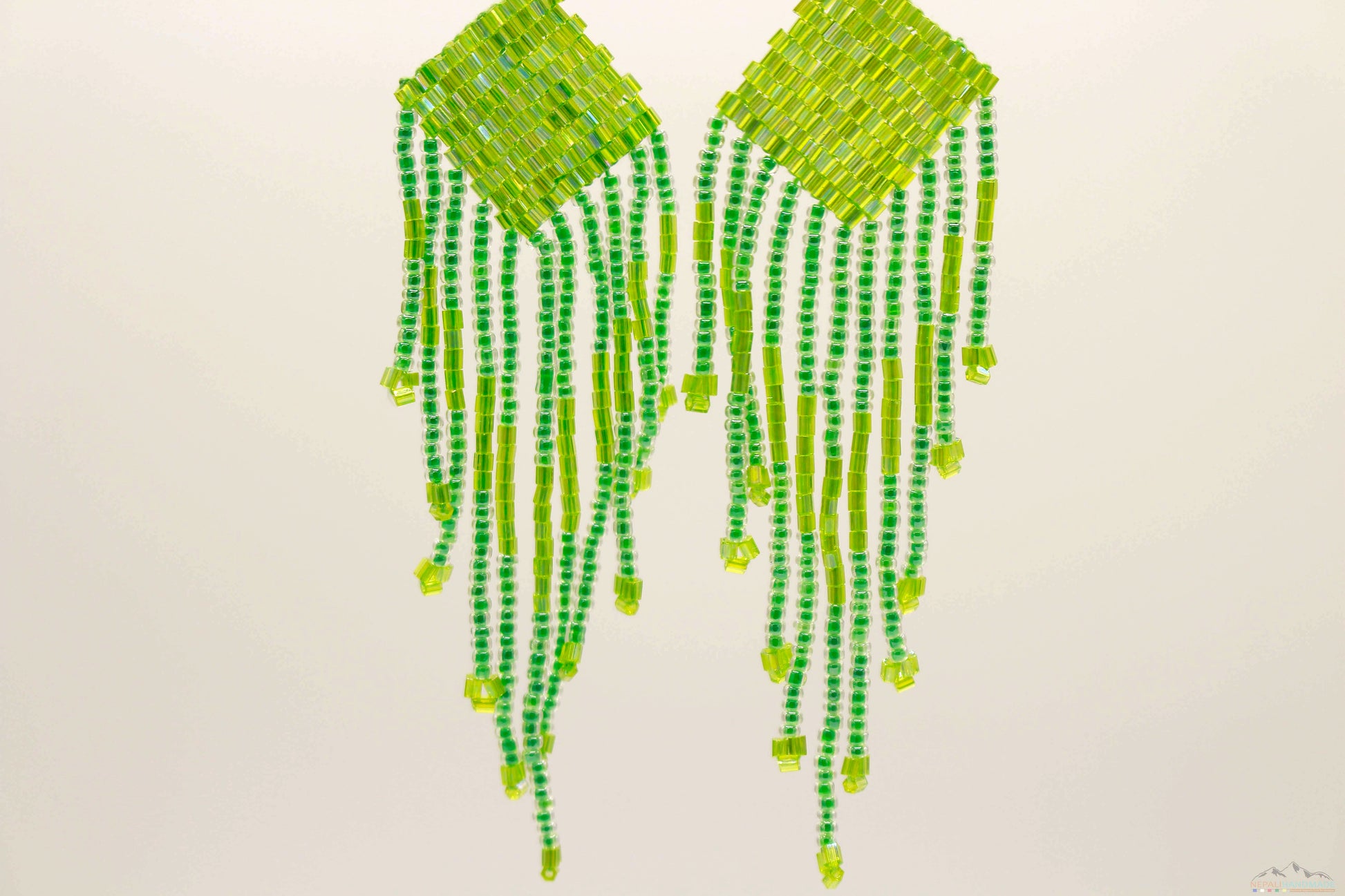 Bright Green Glass Beads Square Chandelier Earring