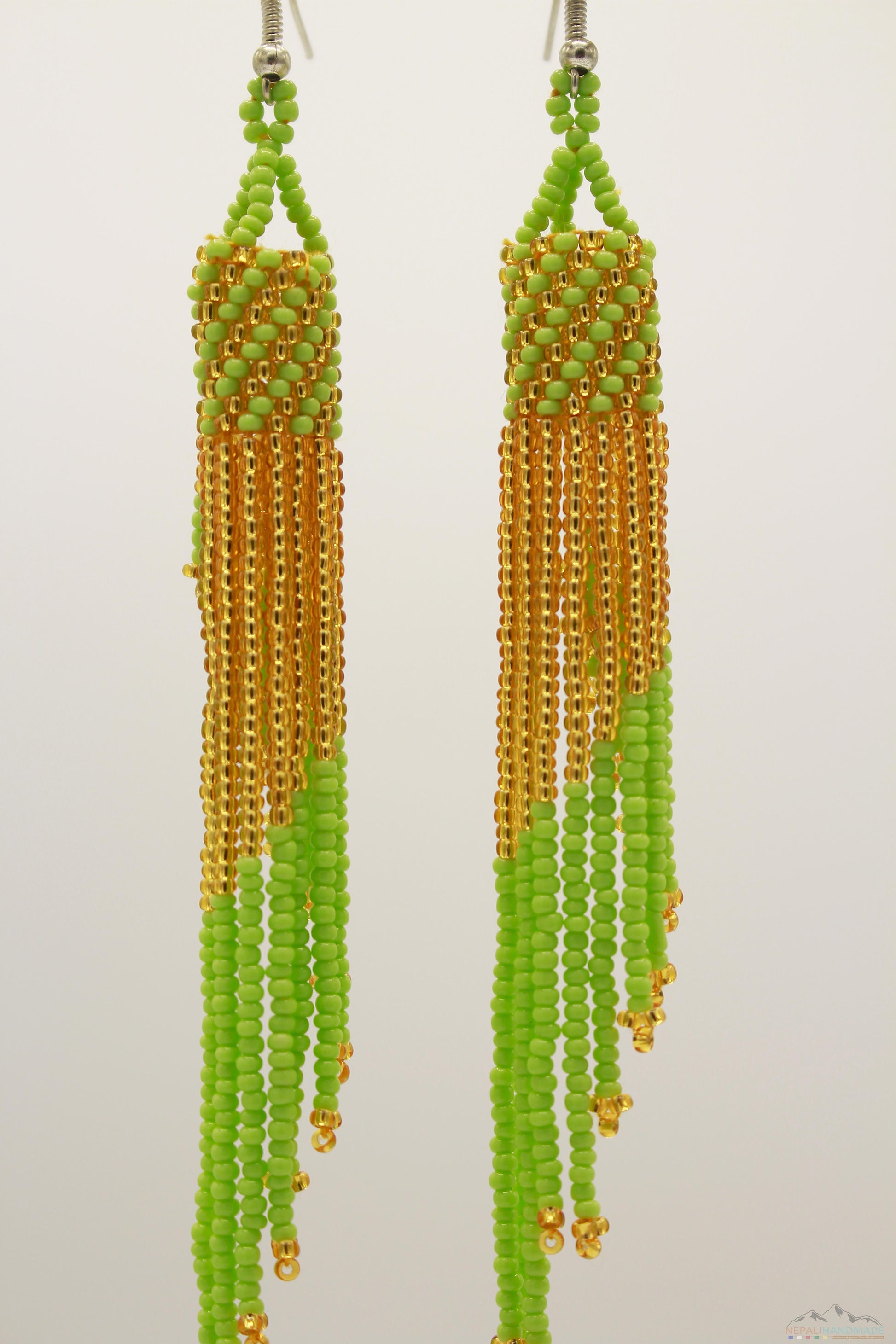 Pale Green & Golden Glass Beads Tube Chandelier Earring