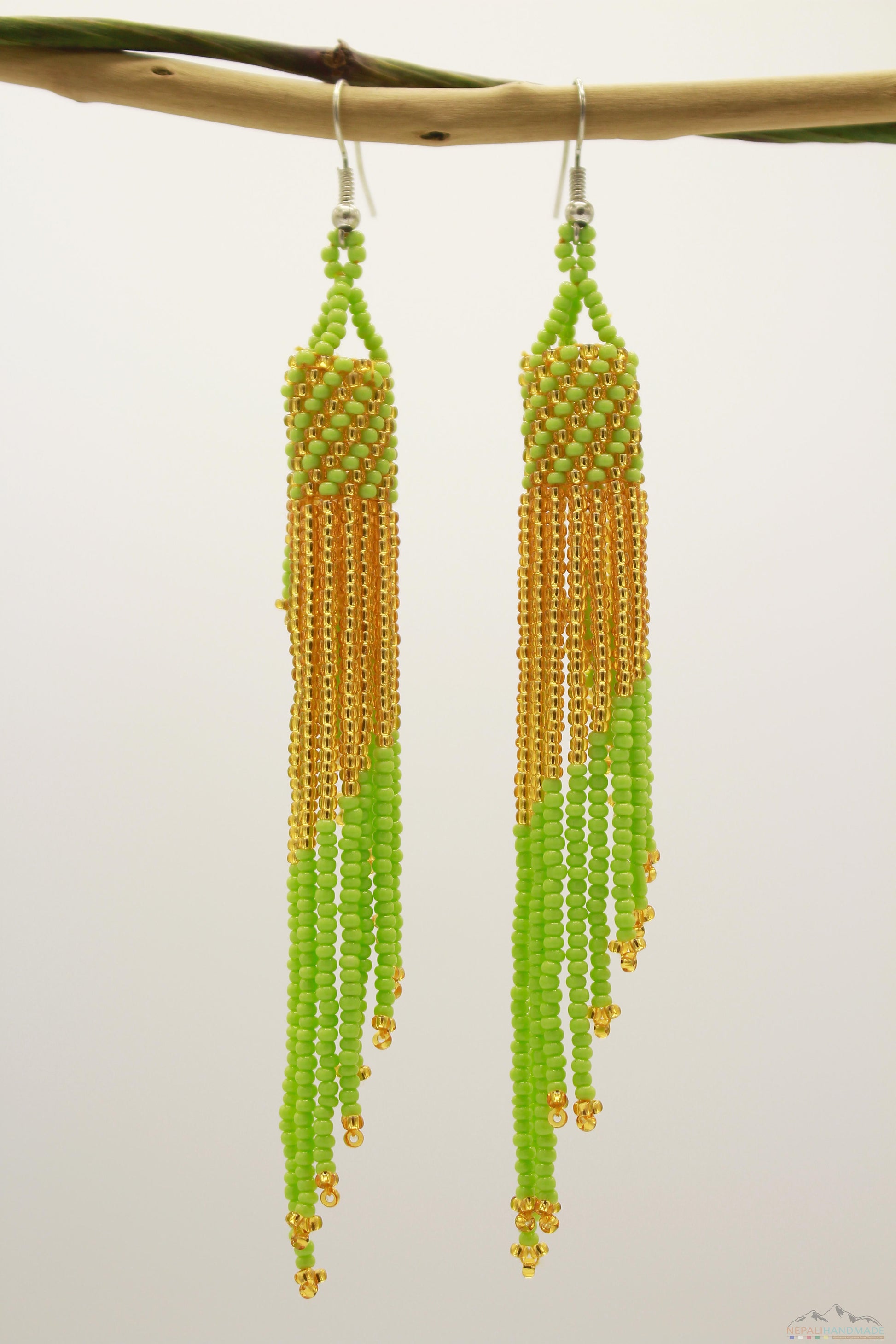 Pale Green & Golden Glass Beads Tube Chandelier Earring
