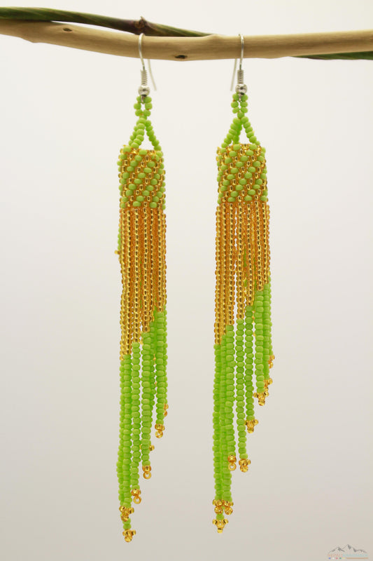 Pale Green & Golden Glass Beads Tube Chandelier Earring