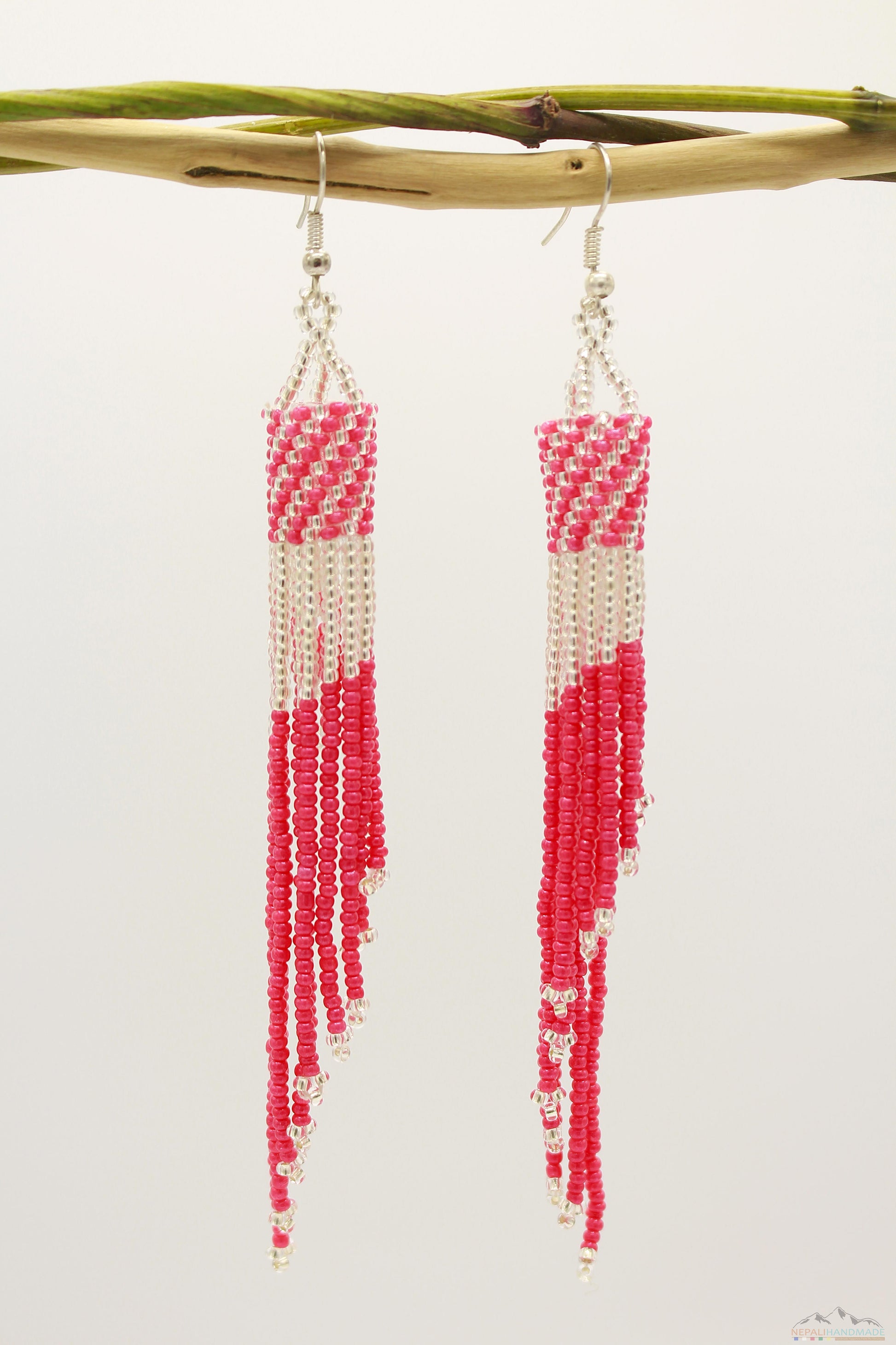 Deep Pink & Silver Glass Beads Tube Chandelier Earring