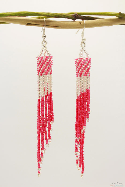 Deep Pink & Silver Glass Beads Tube Chandelier Earring