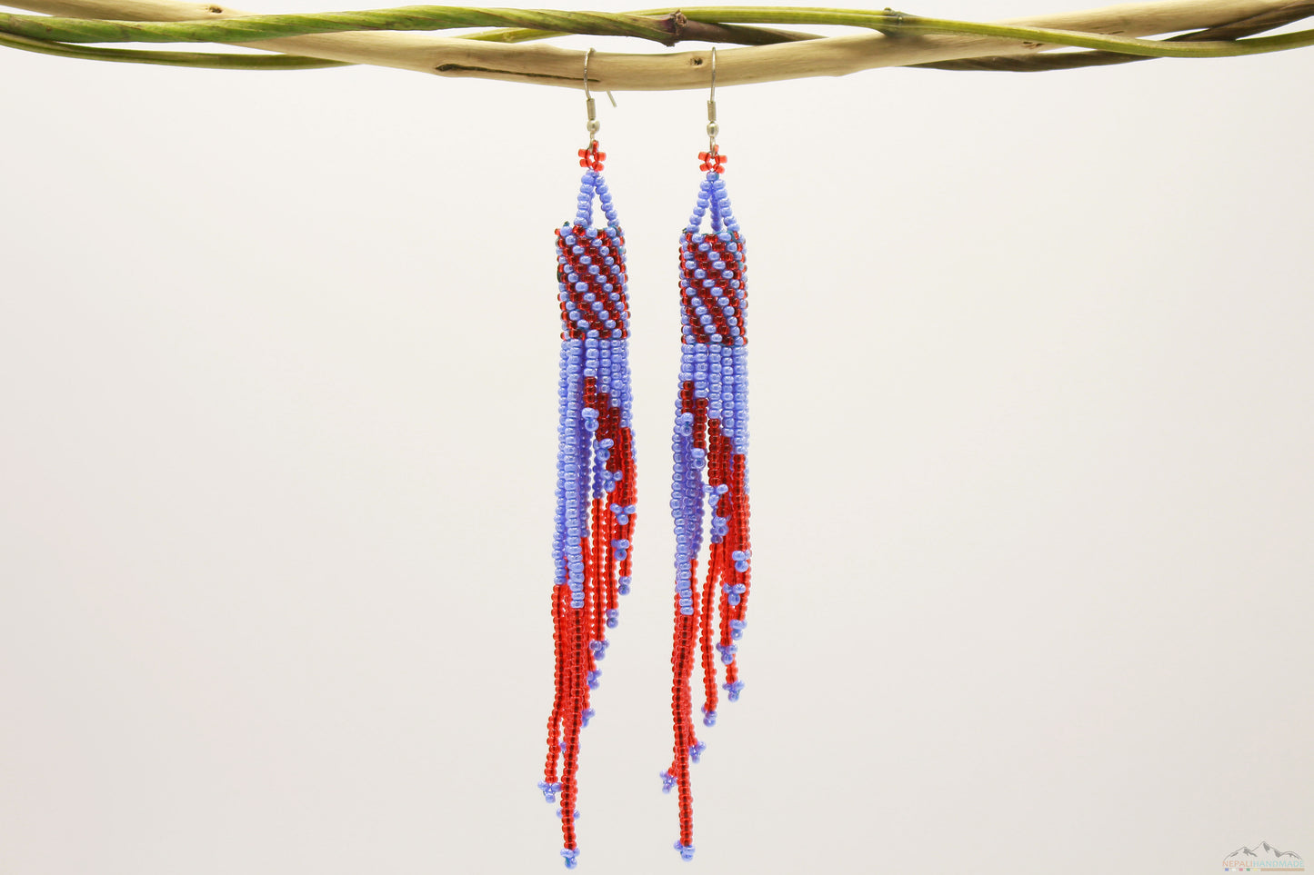Light Steel Blue & Red Glass Beads Tube Chandelier Earring