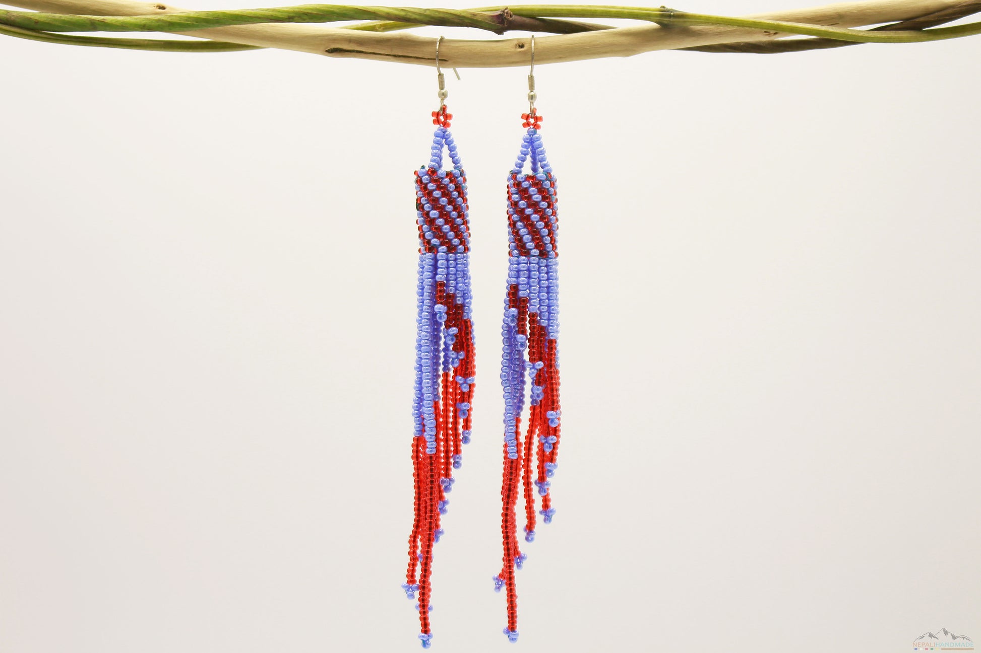 Light Steel Blue & Red Glass Beads Tube Chandelier Earring