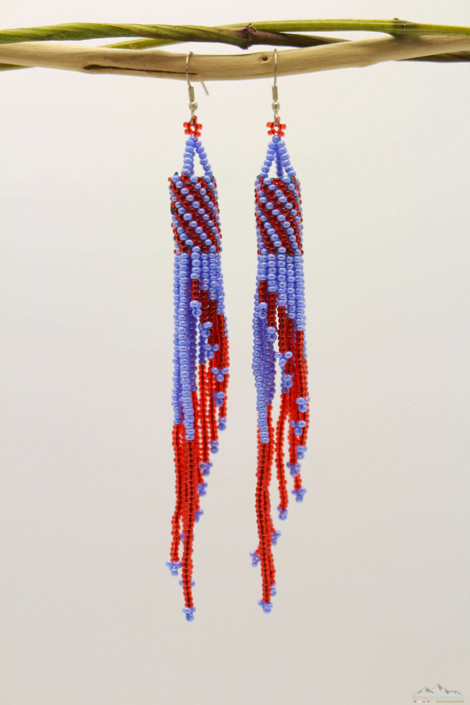 Light Steel Blue & Red Glass Beads Tube Chandelier Earring