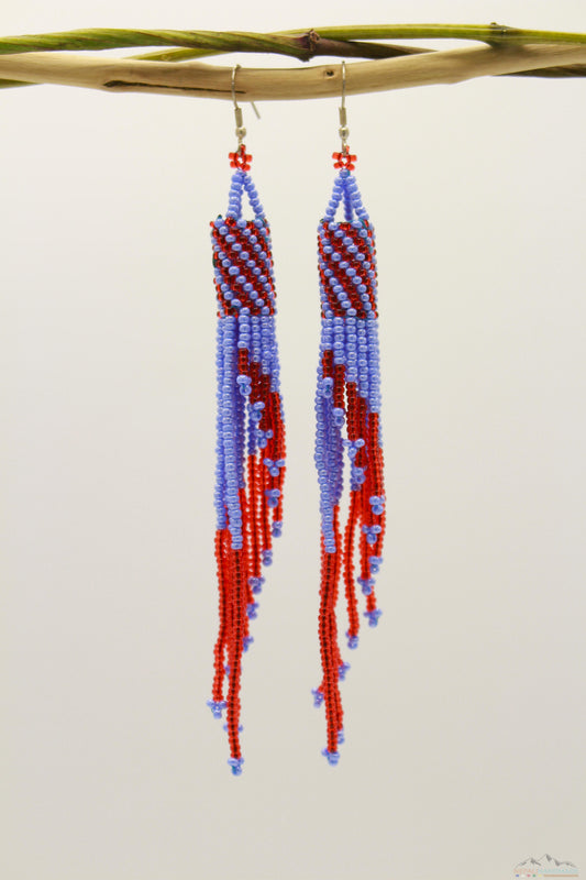 Light Steel Blue & Red Glass Beads Tube Chandelier Earring