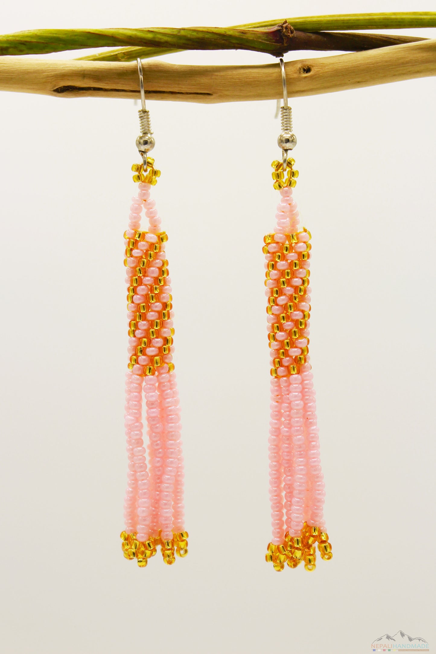 Pink & Golden Glass Beads Cylindrical Chandelier Earring