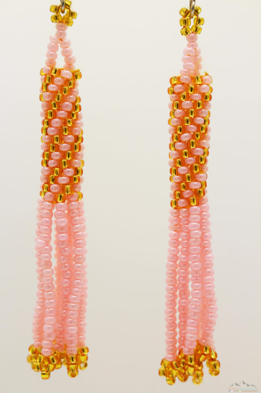 Pink & Golden Glass Beads Cylindrical Chandelier Earring