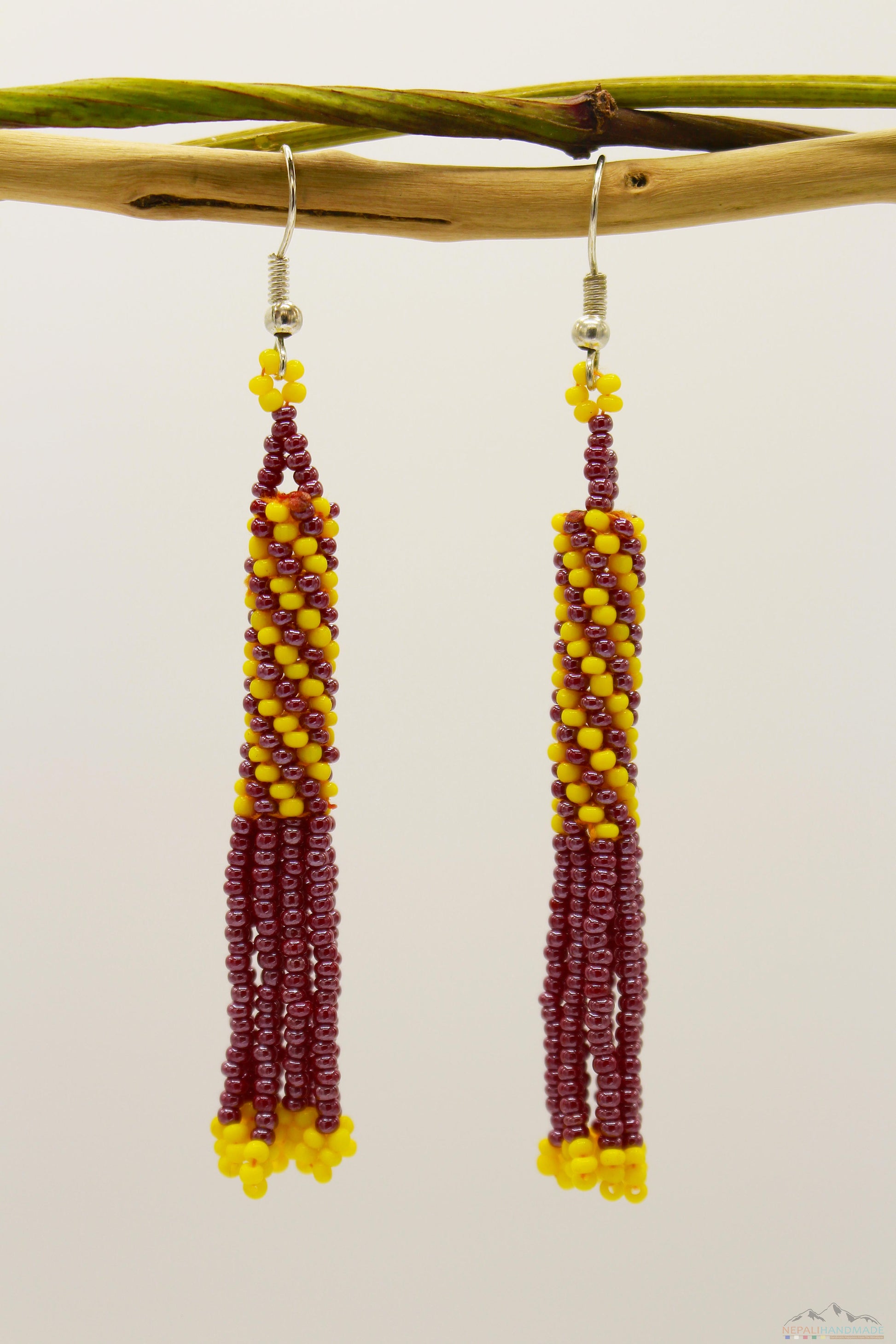 Burgundy & Yellow Glass Beads Cylindrical Chandelier Earring
